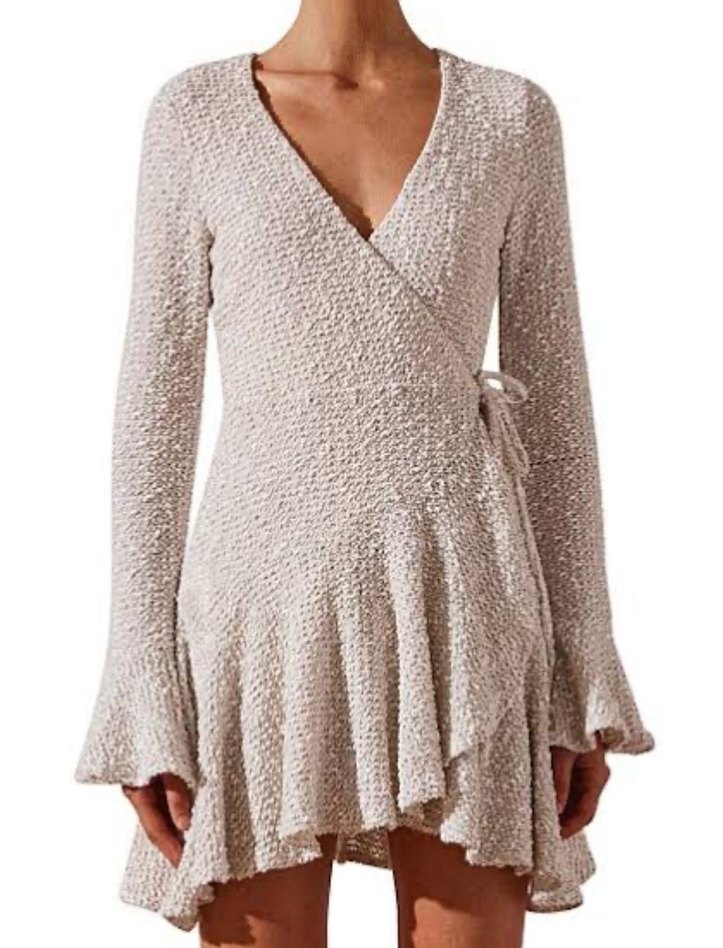 Uzun Kollu Beyaz Triko Mini Elbise - Görsel 2