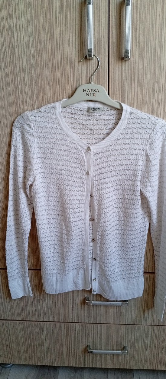 Beyaz Örgü Kadın Hırka Uzun Kollu M beden - Görsel 5