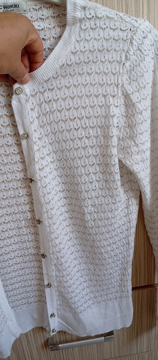 Beyaz Örgü Kadın Hırka Uzun Kollu M beden - Görsel 4