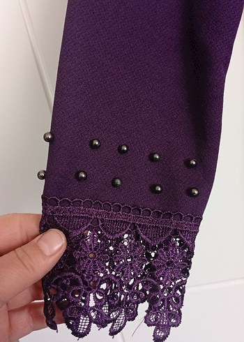 Mor Düğmeli Uzun Kollu abiye tarzı Elbise - Görsel 5