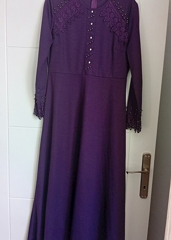 Mor Düğmeli Uzun Kollu abiye tarzı Elbise - Görsel 6