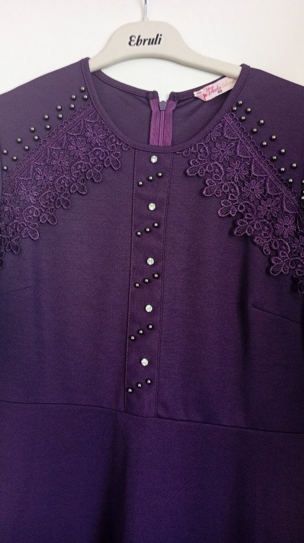 Mor Düğmeli Uzun Kollu abiye tarzı Elbise - Görsel 3