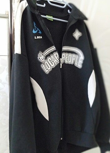 Siyah unisex Y2k StreetWear locapeople şardonlu fermuarlı hırka