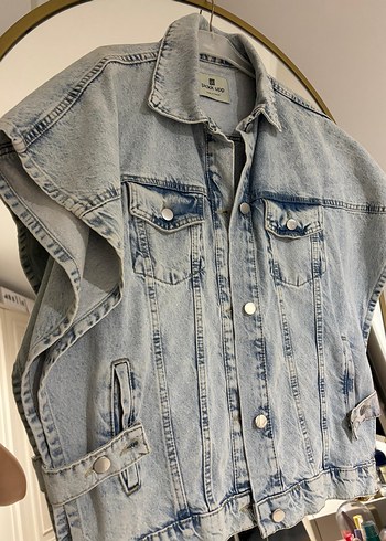 Kadın Gri Batik Desenli Kolsuz Denim Ceket - Görsel 6