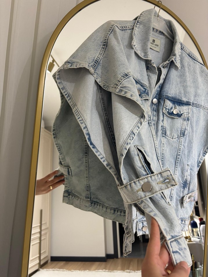 Kadın Gri Batik Desenli Kolsuz Denim Ceket - Görsel 3