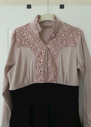 Pembe Siyah Dantel Detaylı Uzun Kollu Elbise - Görsel 2