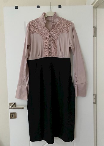 Pembe Siyah Dantel Detaylı Uzun Kollu Elbise - Görsel 4