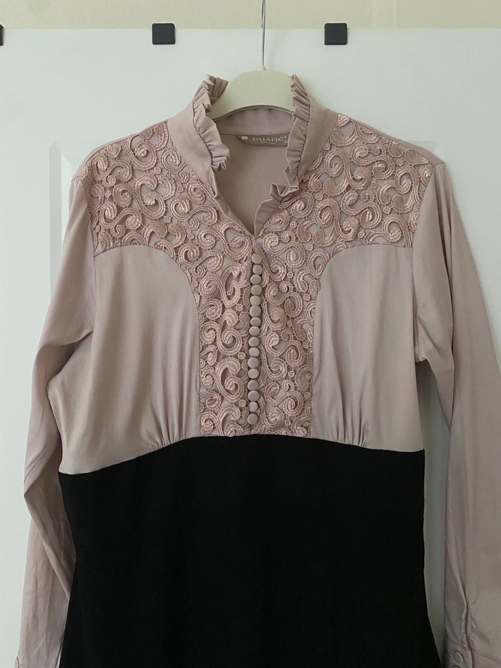 Pembe Siyah Dantel Detaylı Uzun Kollu Elbise - Görsel 2