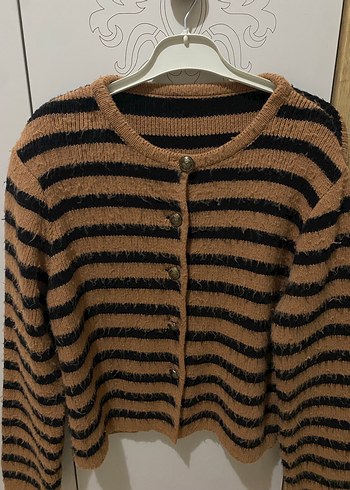 Kadın Kahverengi Çizgili Örgü Hırka - Görsel 2