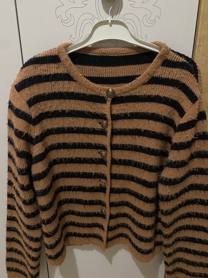 Kadın Kahverengi Çizgili Örgü Hırka - Görsel 2