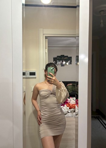 Bej Straplez Drapeli Uzun Kollu Elbise - Görsel 4