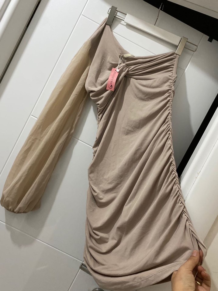 Bej Straplez Drapeli Uzun Kollu Elbise - Görsel 3