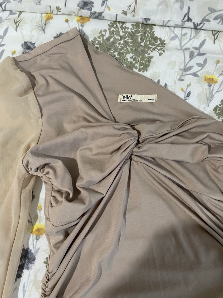 Bej Drapeli Straplez Midi Abiye Elbise - Görsel 2