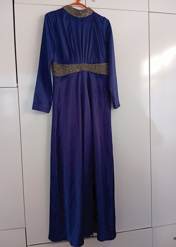 Mavi, Uzun Kollu, Drapeli Vintage Abiye Elbise