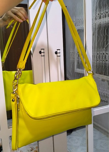 neon mat Sarı Deri Kadın Çanta Fermuarlı