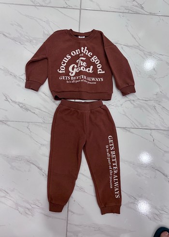 Çocuk Kahverengi Baskılı Sweatshirt ve Eşofman