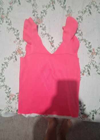 Standart Beden Beden Dantel Detaylı Pembe V Yaka Kız Yeleği