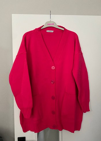 Düğmeli Pembe Midi Triko Hırka - Görsel 2