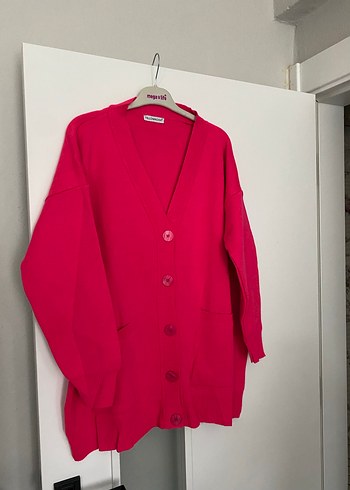 Düğmeli Pembe Midi Triko Hırka - Görsel 3