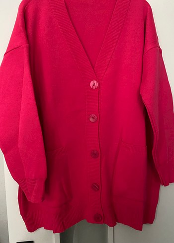 Düğmeli Pembe Midi Triko Hırka - Görsel 6