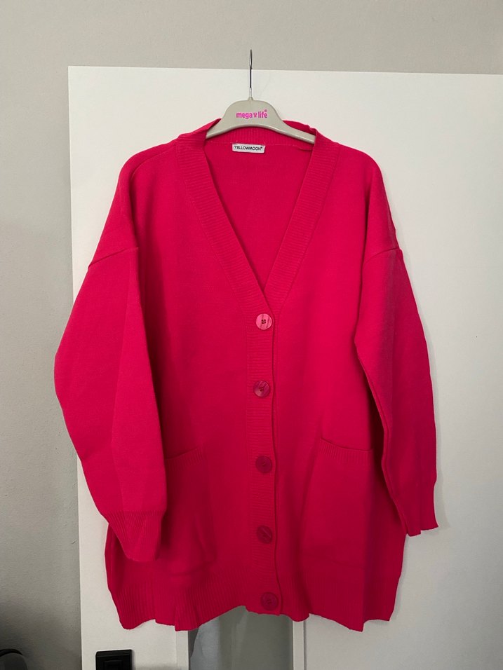 Düğmeli Pembe Midi Triko Hırka - Görsel 2