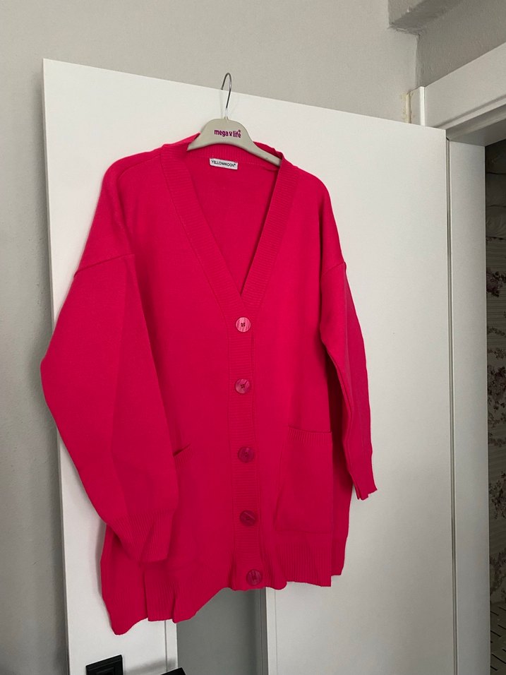 Düğmeli Pembe Midi Triko Hırka - Görsel 3