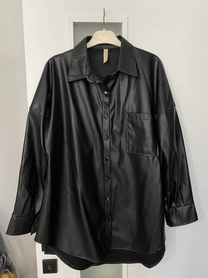 Siyah Deri Düğmeli Kadın Ceket gömlek - Görsel 2