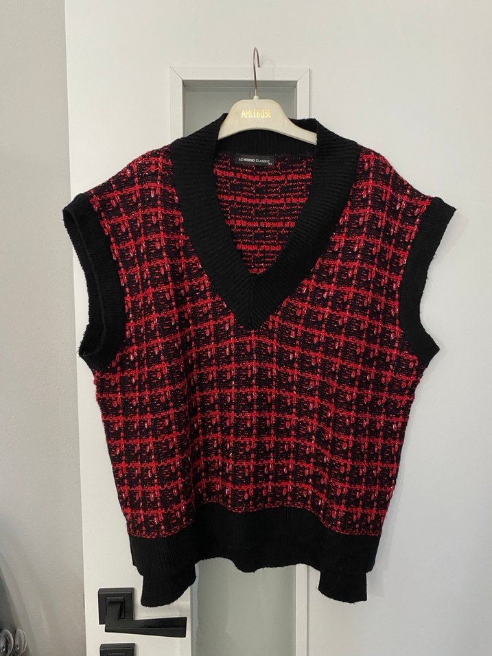 Kırmızı Kareli V Yaka Örgü Süveter - Görsel 2