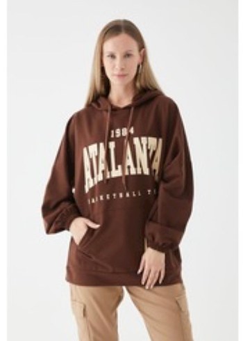 Kapüşonlu Koyu Kahverengi Baskılı Sweatshirt