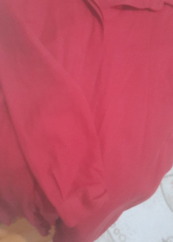 Diğer Kırmızı V Yaka Uzun Kollu Keten Gömlek