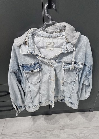 Düğmeli Grimavi Salaş Denim Ceket kapüşonlu çıkartılabilir