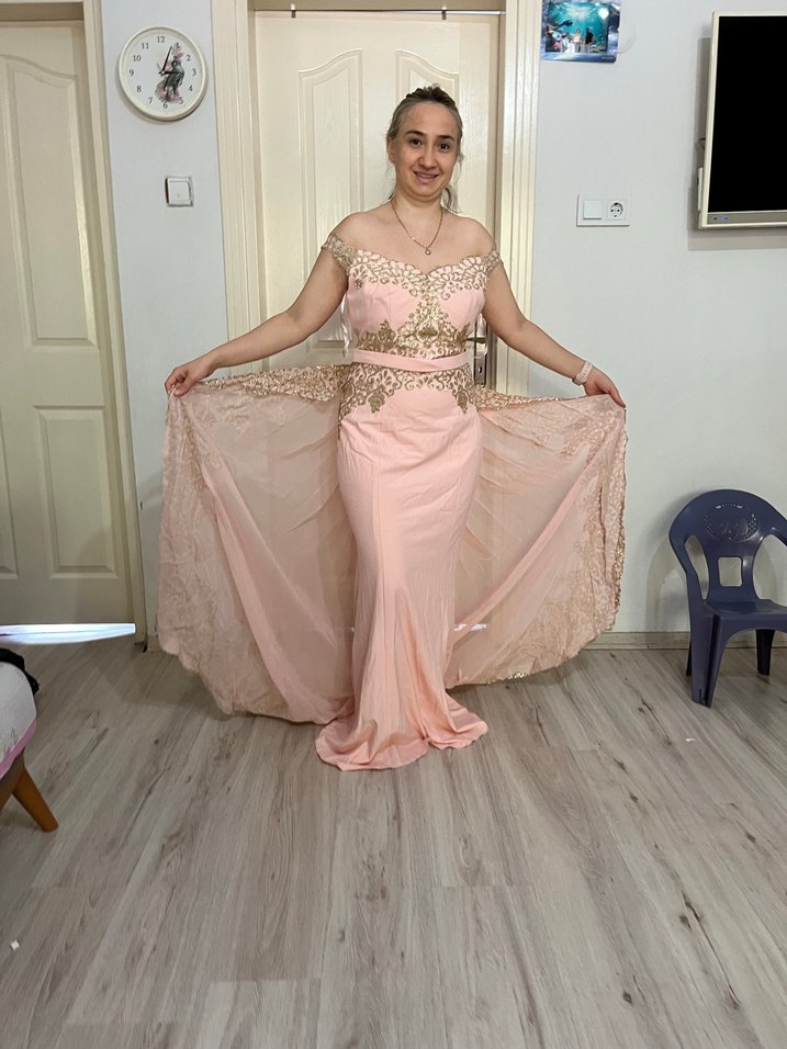 Pembe İşlemeli Straplez Uzun Abiye - Görsel 5