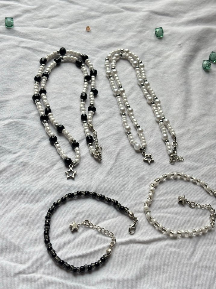 Boncuklu Gotik Siyah Beyaz kolye bileklik Takı Seti y2k grunge - Görsel 2