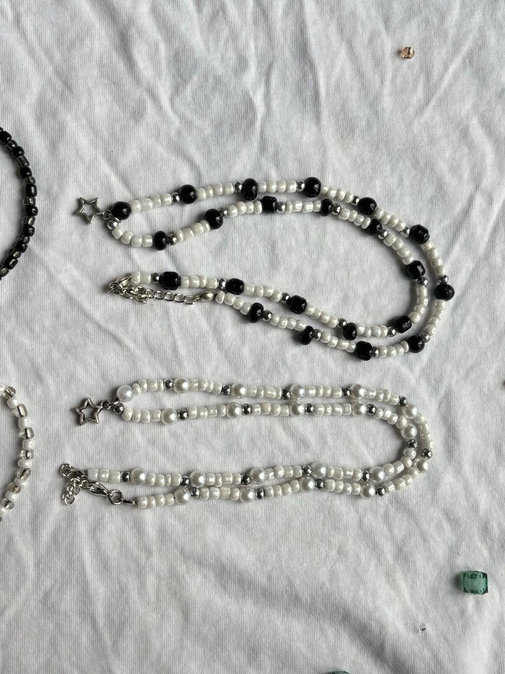 Boncuklu Gotik Siyah Beyaz kolye bileklik Takı Seti y2k grunge - Görsel 4