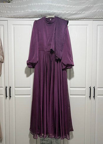 Uzun Kollu Mor Abiye Elbise - Görsel 2