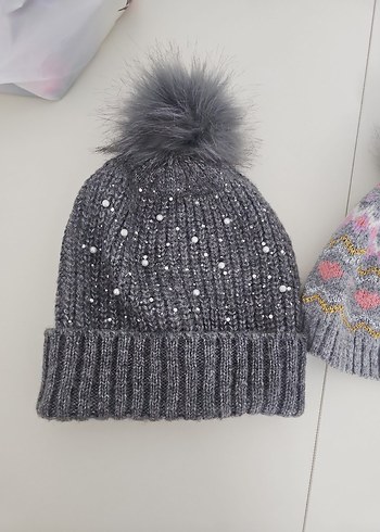 Çocuk Triko Bere Seti, Gri ve Pembe - Görsel 7