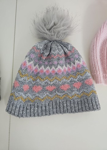 Çocuk Triko Bere Seti, Gri ve Pembe - Görsel 3