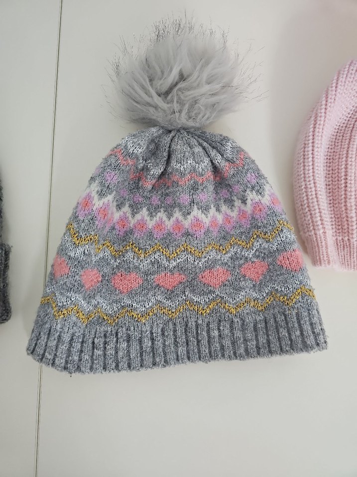 Çocuk Triko Bere Seti, Gri ve Pembe - Görsel 3