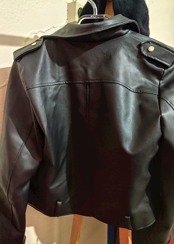 Kadın Siyah Deri Biker Ceket - Görsel 3