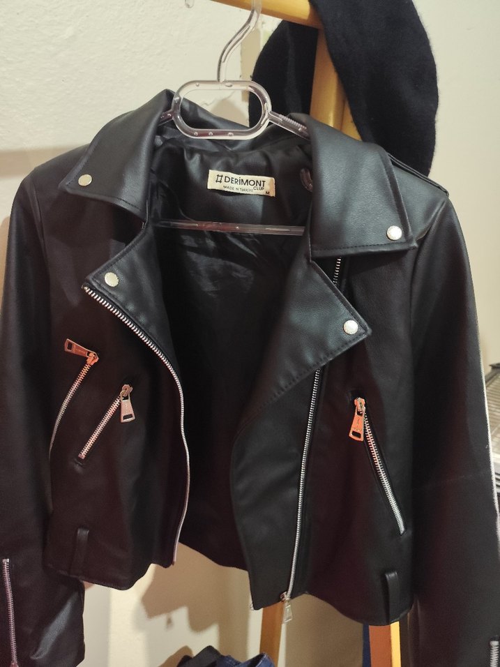 Kadın Siyah Deri Biker Ceket - Görsel 4