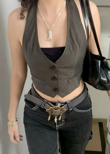 m Beden düğmeli halter yakalı kadın cepken dar yelek Y2k vintage downtow