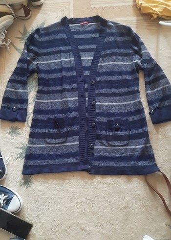 LC Waikiki Mavi Gri Çizgili Triko Kadın Hırka