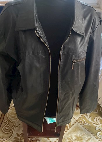 Deri Erkek Ceket, Fermuarlı, Koyu siyah - Görsel 4