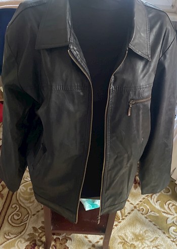 Deri Erkek Ceket, Fermuarlı, Koyu siyah - Görsel 3
