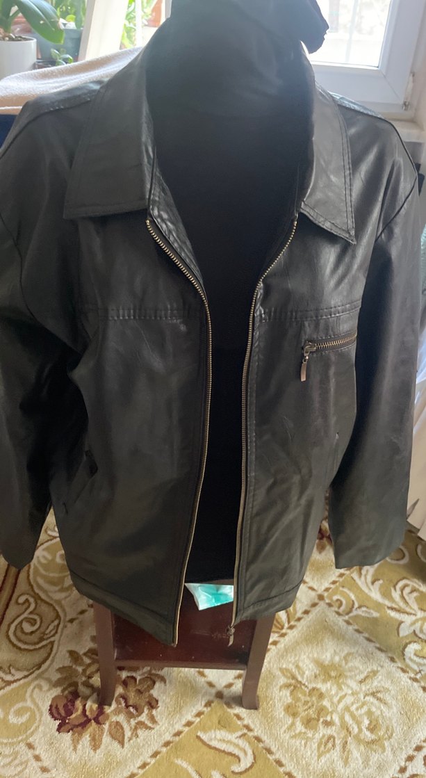 Deri Erkek Ceket, Fermuarlı, Koyu siyah - Görsel 4