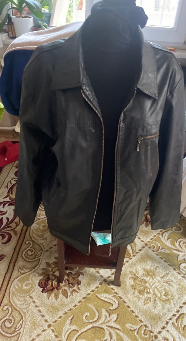 Deri Erkek Ceket, Fermuarlı, Koyu siyah - Görsel 2