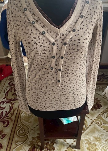V Yaka Düğmeli Bej Bohem Triko Bluz - Görsel 3