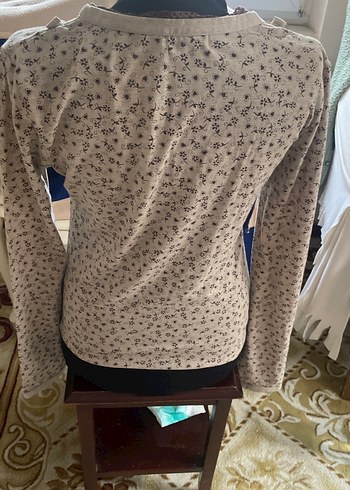 V Yaka Düğmeli Bej Bohem Triko Bluz - Görsel 5