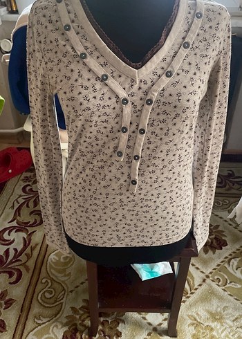 V Yaka Düğmeli Bej Bohem Triko Bluz - Görsel 2