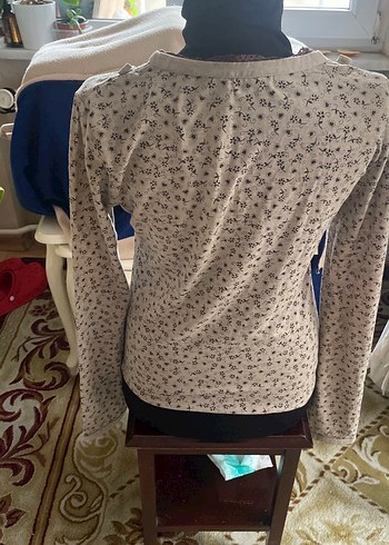 V Yaka Düğmeli Bej Bohem Triko Bluz - Görsel 4